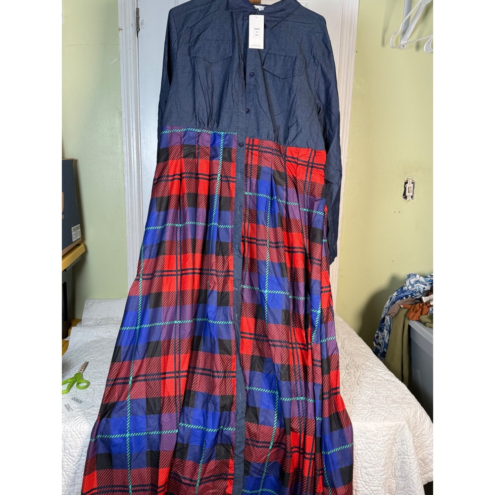 Wowo Women 2X Denim Plaid Maxi Shirt Dress Long Sleeve Button Down EK6000X